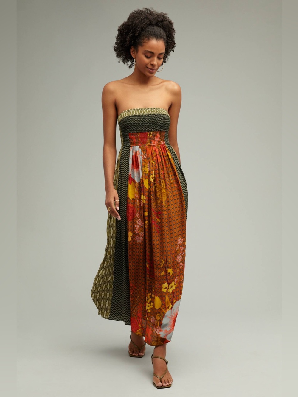 1x Anthropologie Olive Green and Rust Floral Strapless Maxi Dress